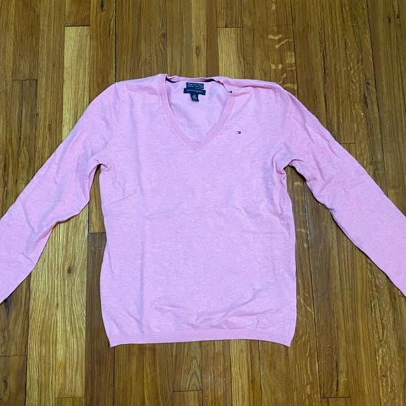 LAST CHANCE - Tommy Hilfiger Prima Cotton Light Pink V-Neck Sweater S - Picture 2 of 5